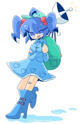 Rule 34 | 1girl, antennae, backpack, bag, blue eyes, blue hair, boots, breasts, dress, frilled skirt, frills, full body, hair bobbles, hair ornament, hat, highres, kawashiro nitori, key, long sleeves, looking at viewer, matching hair/eyes, op na yarou, open mouth, pocket, ribbon, rubber boots, shirt, short hair, simple background, skirt, skirt set, smile, solo, touhou, two side up, water