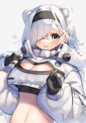 Rule 34 | 1girl, :p, animal ears, arknights, aurora (arknights), bear ears, black gloves, black hairband, blue eyes, blush, breasts, cleavage, crop top, extra ears, eyes visible through hair, gloves, hair ornament, hair over one eye, hairband, hairclip, high collar, highres, large breasts, long hair, long sleeves, looking at viewer, moti yousei, navel, puffy long sleeves, puffy sleeves, revealing clothes, shrug (clothing), silver hair, simple background, smile, solo, stomach, tongue, tongue out, unzipped, upper body, white background