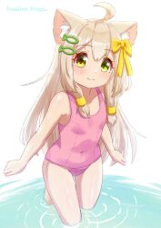 Rule 34 | 1girl, ahoge, animal ear fluff, animal ears, artist name, blonde hair, bow, breasts, cat ears, cat girl, cat tail, covered navel, green eyes, hair bow, hair ornament, hairclip, hazakura hinata, highres, long hair, looking at viewer, old school swimsuit, one-piece swimsuit, original, pink one-piece swimsuit, ribbon, school swimsuit, small breasts, smile, solo, swimsuit, tail, thighs, wading, water
