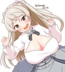 Rule 34 | 1girl, armpit cutout, artist name, blush, breasts, brown eyes, cleavage, cleavage cutout, clothing cutout, conte di cavour (kancolle), corset, dated, dress, frilled dress, frills, grey dress, grey hair, kantai collection, large breasts, layered dress, long hair, long sleeves, looking at viewer, open mouth, simple background, smile, solo, two-tone dress, two side up, white background, white dress, yatsurugi