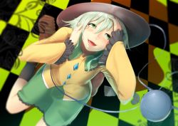 Rule 34 | 1girl, blush, checkered floor, eyeball, fang, female focus, floor, from above, green eyes, green hair, hands on own cheeks, hands on own face, hat, kneeling, komeiji koishi, looking up, matching hair/eyes, mossari poteto, open mouth, revision, short hair, silver hair, skirt, smile, solo, third eye, touhou