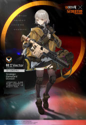 Rule 34 | 1girl, a (phrase), agent vector (girls&#039; frontline), bag, boots, chinese commentary, chinese text, coat, crossover, duffel bag, english text, fingerless gloves, gas mask, girls&#039; frontline, gloves, grey hair, gun, holding, holding gun, holding weapon, knee pads, kriss vector, mask, miniskirt, official art, radio, short hair, skirt, smile (mm-l), solo, submachine gun, thighhighs, tom clancy&#039;s the division, trigger discipline, watch, weapon, wristwatch