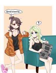 Rule 34 | !, 2girls, bad id, bad twitter id, blonde hair, blue eyes, brown hair, commentary request, couch, cup, diana cavendish, drowsy, english text, hickey, kagari atsuko, little witch academia, messy hair, multiple girls, red eyes, sleepy, tank top, yuri