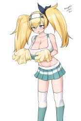 Rule 34 | 1girl, absurdres, alternate costume, blonde hair, blue eyes, breasts, cheerleader, cleavage, crop top, dated, feet out of frame, gambier bay (kancolle), green sailor collar, hairband, highres, holding, holding pom poms, kantai collection, large breasts, maru (marg0613), midriff, one-hour drawing challenge, pleated skirt, pom pom (cheerleading), pom poms, sailor collar, skirt, solo, twintails, twitter username, two-tone thighhighs, white hairband