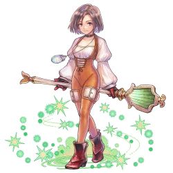 Rule 34 | 1girl, artist request, black hair, bodysuit, boots, breasts, brown choker, brown eyes, brown footwear, brown gloves, brown hair, choker, corset, final fantasy, final fantasy ix, full body, garnet til alexandros xvii, gloves, groin, high heel boots, high heels, holding, holding staff, jewelry, long sleeves, looking at viewer, medium hair, necklace, official art, orange bodysuit, puffy long sleeves, puffy sleeves, short hair, simple background, small breasts, smile, solo, staff, weapon, white background