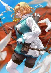 Rule 34 | 1girl, arrow (projectile), ascot, bird, black pantyhose, blonde hair, blue bow, blue sky, blunt bangs, blurry, blurry background, blurry foreground, boots, bow, bow (weapon), collar, commentary, dress, feet out of frame, frilled collar, frills, from side, gloves, green eyes, hairband, highres, holding, holding bow (weapon), holding weapon, long sleeves, looking at viewer, medium hair, natalia luzu kimlasca lanvaldear, oda itsuki, orange hairband, outdoors, pantyhose, parted lips, quiver, short dress, sky, smile, solo, tales of (series), tales of the abyss, thigh boots, weapon, white footwear, white gloves, wrist bow, yellow ascot