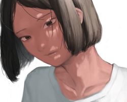 Rule 34 | 1girl, brown eyes, brown hair, character request, closed mouth, collarbone, commentary request, copyright request, forehead, kondate (inugrm), lips, looking at viewer, portrait, shirt, simple background, solo, white background, white shirt