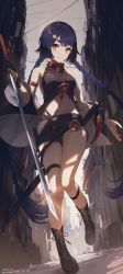 Rule 34 | 1girl, absurdres, bare shoulders, blouse, boots, bow, braid, breasts, from above, genshin impact, hair ornament, highres, holding, holding weapon, katana, long hair, looking at viewer, medium breasts, navel, orange eyes, purple hair, red bow, shirt, short shorts, shorts, sleeveless, sleeveless shirt, smile, solo, standing, swkl:d, sword, thighs, weapon, xiangling (genshin impact)