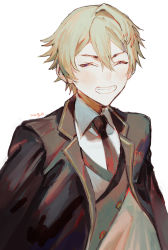 Rule 34 | 1boy, artist name, black jacket, black necktie, blonde hair, closed eyes, collared shirt, commentary request, grin, hair between eyes, highres, jacket, male focus, mege (megechan), necktie, open clothes, open jacket, open mouth, original, shirt, short hair, simple background, smile, solo, upper body, very short hair, waistcoat, white background, white shirt