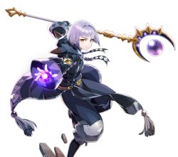 Rule 34 | 1boy, androgynous, auxiliary lots, cloak, epic seven, holding, holding weapon, long sleeves, looking at viewer, mage staff, official art, orange eyes, pale skin, purple hair, short hair, silver hair, solo, staff, transparent background, trap, wand, weapon