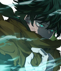 Rule 34 | 1boy, aqua eyes, blurry, blurry foreground, bodysuit, boku no hero academia, bright pupils, cape, cape grab, cel shading, clothes grab, covered mouth, eye trail, eyebrows hidden by hair, floating clothes, floating hair, freckles, from side, gloves, glowing, glowing eyes, green bodysuit, green hair, hair between eyes, hand up, head down, highres, light trail, looking ahead, makuro, male focus, midoriya izuku, official alternate costume, scratches, short hair, simple background, smoke, solo, spoilers, torn cape, torn clothes, upper body, white background, white gloves, white pupils, yellow cape