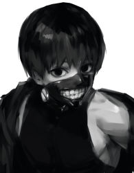 Rule 34 | 1boy, bare shoulders, grey background, greyscale, grin, jacket, kaneki ken, looking at viewer, male focus, mask, monochrome, mouth mask, shiromi (ringo), shirt, short hair, simple background, sleeveless, sleeveless shirt, smile, solo, teeth print, tokyo ghoul, upper body