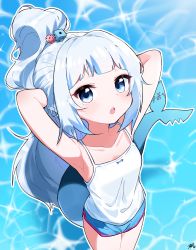 Rule 34 | 1girl, arms behind head, arms up, bare arms, bare shoulders, blue hair, blue shorts, blush, camisole, collarbone, dice hair ornament, eyebrows hidden by hair, fins, fish tail, gawr gura, hair ornament, high ponytail, highres, hololive, hololive english, looking at viewer, multicolored hair, open mouth, outline, ponytail, shark tail, sharp teeth, short shorts, shorts, signature, solo, standing, streaked hair, tail, teeth, tosyeo, virtual youtuber, water, white camisole, white hair, white outline