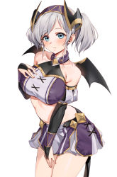 Rule 34 | 1girl, akari (princess connect!), bare shoulders, bat wings, black gloves, black wings, blue eyes, blue skirt, blush, breasts, bridal gauntlets, closed mouth, collarbone, commentary request, cowboy shot, crop top, demon tail, gdd (vkejr702), gloves, hairband, halterneck, hand on own chest, hand up, highres, horns, large breasts, legs together, looking at viewer, midriff, princess connect!, purple skirt, short hair, silver hair, skirt, solo, standing, tail, twintails, two-tone skirt, wings