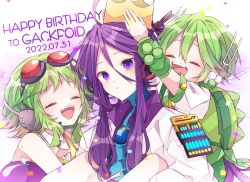 Rule 34 | 1girl, 2boys, ahoge, arm guards, bare shoulders, blue bodysuit, bodysuit, carrying, character name, commentary, confetti, crown, dated, eggplant, expressionless, closed eyes, goggles, goggles on head, green hair, gumi, hair ornament, hair stick, happy birthday, headphones, jacket, kaho 0102, kamui gakupo, long hair, multiple boys, open mouth, piggyback, purple eyes, purple hair, putting on headwear, red goggles, ryuuto (vocaloid), sidelocks, smile, upper body, vocaloid, white jacket