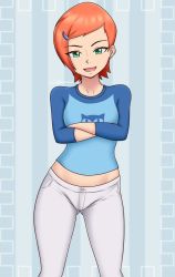 Rule 34 | 1girl, artist name, ben 10, blue shirt, breasts, crossed arms, ear piercing, feet out of frame, gluteal fold, green eyes, gwen tennyson, hair ornament, hairclip, long sleeves, looking at viewer, midriff, open mouth, orange hair, paizuri, pants, piercing, raglan sleeves, red hair, setrakian draws, shirt, short hair, small breasts, smile, solo, standing, white pants