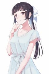 Rule 34 | 1girl, black eyes, black hair, braid, collarbone, commentary request, dress, hair ornament, hair ribbon, hairclip, half updo, jewelry, kantai collection, long hair, myoukou (kancolle), necklace, ponytail, ribbon, short sleeves, solo, totto (naka), white background, white dress, white ribbon