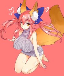 Rule 34 | 10s, 1girl, animal ears, backless dress, backless outfit, barefoot, blush, bow, breasts, dress, fate/extra, fate (series), fox ears, fox tail, full body, hair bow, halterneck, heart, impossible clothes, impossible sweater, kneeling, large breasts, long hair, looking at viewer, meme attire, pink background, pink hair, ribbed sweater, sidelocks, simple background, smile, solo, sweater, sweater dress, tail, tamamo no mae (fate/extra), turtleneck, turtleneck sweater, twintails, virgin killer sweater, yakan (kusogaki teikoku), yellow eyes