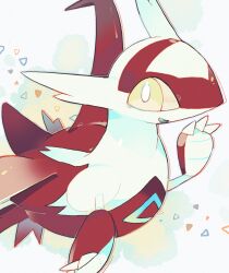 Rule 34 | akadako, animal focus, bags under eyes, bright pupils, claws, colored sclera, creatures (company), game freak, gen 3 pokemon, grey background, hand up, happy, latias, legendary pokemon, looking at viewer, nintendo, no humans, open mouth, outline, pokemon, pokemon (creature), red outline, smile, solo, waving, white pupils, yellow eyes, yellow sclera