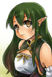 Rule 34 | 10s, 1girl, 2013, absurdres, bare shoulders, borrowed character, breasts, dated, detached sleeves, gradient background, green hair, highres, long hair, looking at viewer, original, pointy ears, robert knight, rynn (acerailgun), sidelocks, signature, small breasts, solo, upper body, white background, yellow background, yellow eyes