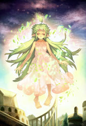 Rule 34 | 1girl, absurdres, arms at sides, barefoot, building, city, closed eyes, cloud, commentary request, dress, floating, full body, glowing, grandyoukan, green hair, highres, korean commentary, lif (ragnarok online), long dress, long hair, monster girl, mountain, parted lips, plant girl, pointy ears, ragnarok online, short eyebrows, sky, sleeveless, sleeveless dress, solo, third-party source, tree, very long hair, white dress