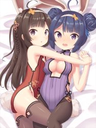 Rule 34 | 2girls, ahoge, animal ears, ass, azur lane, bad id, bad pixiv id, bare shoulders, black hair, black legwear, blue hair, blue ribbon, braid, breasts, bunny girl, center opening, chinese clothes, covered navel, da un, double bun, hair bun, hair ornament, hair ribbon, hairband, holding hands, hug, long hair, looking at viewer, lying, medium breasts, multiple girls, ning hai (azur lane), ning hai (moon palace rabbit) (azur lane), on back, on bed, on side, open mouth, pantyhose, ping hai (azur lane), ping hai (osmanthus moon rabbit) (azur lane), purple eyes, rabbit ears, rabbit tail, ribbon, short hair, sideboob, small breasts, striped, tail, thighhighs, vertical stripes