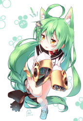 Rule 34 | 1girl, ahoge, akashi (azur lane), animal ears, azur lane, blush, cat ears, commentary request, covered erect nipples, green hair, hair between eyes, hair ornament, hairclip, inori (xyz5568), long hair, looking at viewer, paw print, sleeves past wrists, solo, translation request, very long hair, yellow eyes