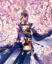 Rule 34 | 10s, 1boy, armor, blue eyes, blue hair, cherry, cherry blossoms, food, fruit, hair over one eye, hairband, highres, japanese armor, japanese clothes, katana, looking at viewer, male focus, mikazuki munechika, shoulder armor, smile, sode, sword, touken ranbu, weapon, wind, zya zya
