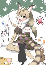 Rule 34 | 1girl, absurdres, animal, animal ears, back, cat, cat ears, cat girl, cat tail, elbow gloves, extra ears, fingerless gloves, gloves, green eyes, grey hair, hachikuji kenuta, highres, japari symbol, jungle cat (kemono friends), kemono friends, kemono friends v project, long hair, looking at viewer, looking back, one eye closed, ribbon, shirt, simple background, skirt, tail, thighhighs, twintails, virtual youtuber