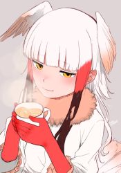 Rule 34 | 1girl, bad id, bad twitter id, bird tail, bird wings, black hair, blouse, blunt bangs, blush, commentary request, cup, elbow gloves, frilled sleeves, frills, fur collar, gloves, grey background, head wings, japanese crested ibis (kemono friends), kemono friends, latte art, long sleeves, multicolored hair, red gloves, red hair, shirt, short hair, short hair with long locks, sidelocks, simple background, solo, steam, tail, turbo engine (rakugaki tabo), upper body, white hair, white shirt, wings, yellow eyes