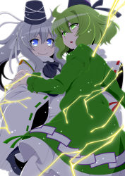 Rule 34 | &gt;:), 2girls, ahoge, backlighting, blue eyes, closed mouth, commentary request, dress, eichi yuu, electricity, from behind, green dress, green eyes, green hair, hair between eyes, hair ribbon, hat, highres, japanese clothes, juliet sleeves, kariginu, light particles, long hair, long sleeves, looking at viewer, looking back, mononobe no futo, multiple girls, open mouth, pom pom (clothes), ponytail, puffy sleeves, ribbon, ribbon-trimmed sleeves, ribbon trim, short hair, sidelocks, silver hair, simple background, sleeves past fingers, sleeves past wrists, smile, soga no tojiko, tate eboshi, touhou, v-shaped eyebrows, white background, wide sleeves