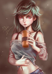 Rule 34 | 1girl, black undershirt, blue shorts, brown background, commentary, copyright request, cup, drinking straw, eyelashes, green hair, grey shirt, highres, holding, holding cup, looking at viewer, navel, off-shoulder shirt, parted lips, pink eyes, shirt, shorts, signature, solo, undershirt