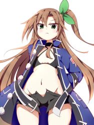 Rule 34 | 1girl, bikini, bikini top only, breasts, brown hair, from below, green eyes, hair ribbon, hand on own hip, highres, if (neptunia), legs, long hair, looking at viewer, navel, neptune (series), no panties, open clothes, ribbon, shorts, side ponytail, small breasts, solo, swimsuit, thighs, unbuttoned, unzipped
