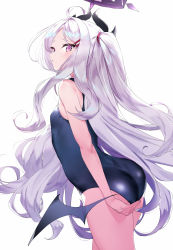 Rule 34 | 1girl, ass, black one-piece swimsuit, blue archive, highres, hina (blue archive), hina (swimsuit) (blue archive), horns, long hair, looking at viewer, low wings, one-piece swimsuit, remora180, simple background, solo, swimsuit, thighs, very long hair, white background, white hair, wings