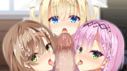 Rule 34 | 1boy, 3girls, after fellatio, aria (koiiroharemoyou), aroused, black hairband, blonde hair, blue eyes, blurry, blurry background, blush, braid, brown hair, censored, colored eyelashes, commentary request, crossed bangs, cum, cum in mouth, cum on hair, cum on penis, cum on tongue, erection, eyelashes, eyes visible through hair, facial, fellatio, green eyes, group sex, hair between eyes, hair intakes, hair ornament, hairband, heart, heart in eye, hetero, highres, indoors, large penis, licking, licking penis, looking at viewer, mikuni sairi, mosaic censoring, multiple girls, nose blush, open mouth, oral, penis, pink hair, pov, shirayuki noa, side braid, straight hair, sweat, symbol in eye, tanikaze amane, teeth, tenshi souzou re-boot!, tongue, tongue out, two side up, upper teeth only, upturned eyes, wing hair ornament, x hair ornament