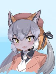 Rule 34 | 1girl, animal ears, aramaru, blazer, extra ears, fox ears, fox girl, grey hair, hat, highres, island fox (kemono friends), jacket, kemono friends, kemono friends v project, long hair, looking at viewer, microphone, multicolored hair, necktie, open mouth, orange hair, ribbon, shirt, simple background, solo, twintails, two-tone hair, virtual youtuber, yellow eyes