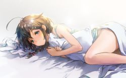 Rule 34 | 1girl, 888myrrh888, ahoge, bed sheet, blanket, blue eyes, blush, braid, brown hair, camisole, commentary request, feet out of frame, hair flaps, hair ornament, hair ribbon, hairpin, half-closed eyes, kantai collection, long hair, looking at viewer, lying, hugging object, on bed, on side, pillow, pillow hug, ribbon, shigure (kancolle), shigure kai ni (kancolle), single braid, solo, strap slip