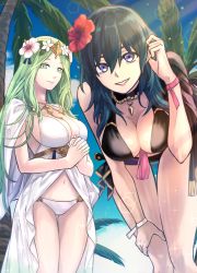 2girls, bikini, black bikini, black vs white, blue eyes, blue sky, breasts, byleth (fire emblem), byleth (fire emblem) (female), cleavage, cloud, commentary, dark blue hair, fedudu91, female focus, fire emblem, fire emblem: three houses, fire emblem heroes, flower, from below, green eyes, green hair, hair flower, hair ornament, hand on own knee, highres, jewelry, large breasts, lens flare, long hair, looking at viewer, matching hair/eyes, multiple girls, navel, necklace, nintendo, own hands together, palm tree, parted lips, pentagon (shape), rhea (fire emblem), sky, smile, sparkle, sunlight, swimsuit, tree, white bikini, wristband