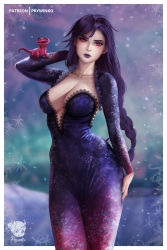Rule 34 | 1girl, animal, arm behind head, arm up, artist logo, artist name, blue dress, braid, breasts, cleavage, collarbone, dress, elsa (frozen), frozen (disney), gradient dress, hair ornament, hand on own hip, highres, lace, lace-trimmed dress, lace trim, large breasts, lizard, long hair, long sleeves, looking at viewer, parted lips, print dress, prywinko, purple dress, purple hair, purple lips, red eyes, single braid, snowflake hair ornament, snowflake print, solo, standing, very long hair