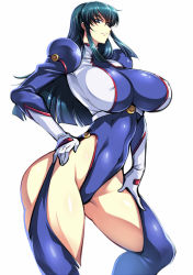 Rule 34 | 1girl, ass, black eyes, black hair, blue eyes, blue hair, blue thighhighs, bodysuit, breasts, covered erect nipples, covered navel, curvy, floating hair, fujimura shizuru, haganef, hand on own hip, highleg, highleg leotard, huge breasts, large breasts, leotard, long hair, looking at viewer, mecha, parted lips, pilot suit, purple eyes, robot, shinkon gattai godannar!!, shiny clothes, shiny skin, simple background, skindentation, smile, solo, thick thighs, thighhighs, thighs, thong leotard, white background