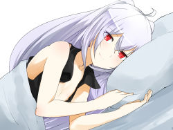 Rule 34 | 1girl, ahoge, black shirt, breasts, cleavage, closed mouth, collarbone, hair between eyes, highres, isla (plastic memories), long hair, looking at viewer, lying, on bed, on side, open clothes, open shirt, pillow, plastic memories, pov across bed, red eyes, senju (snz0), shirt, silver hair, simple background, sleeveless, sleeveless shirt, small breasts, smile, solo, under covers, upper body, very long hair, white background