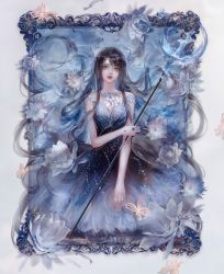 Rule 34 | 1girl, absurdres, black hair, bug, butterfly, dress, framed, hair ornament, highres, holding, holding scepter, insect, jewelry, jiaopiupiu, long hair, looking at viewer, lying on water, necklace, original, picture frame, scepter, solo, strapless, strapless dress, very long hair, water, waves, yellow butterfly