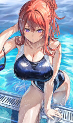 1girl absurdres black_one-piece_swimsuit breasts cleavage competition_swimsuit goggles hair_bun highres large_breasts medium_hair one-piece_swimsuit original poolside purple_eyes red_hair sakazuki_sudama solo swimsuit two-tone_swimsuit unworn_goggles water wet wet_clothes wet_swimsuit