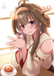 Rule 34 | 1girl, ahoge, bare shoulders, brown hair, cup, dated, detached sleeves, double bun, hair bun, hakama, hakama short skirt, hakama skirt, head tilt, headgear, highres, japanese clothes, kantai collection, kongou (kancolle), kongou kai ni (kancolle), long hair, looking at viewer, mashiro yukiya, nontraditional miko, one-hour drawing challenge, own hands together, purple eyes, signature, sitting, skirt, smile, solo, teacup, upper body