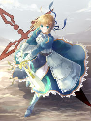 Rule 34 | 1girl, armor, armored dress, artoria pendragon (fate), bad id, bad pixiv id, blonde hair, braid, excalibur (fate/stay night), fate/zero, fate (series), french braid, gauntlets, greaves, green eyes, highres, lunica, rukashima, saber (fate), short hair, smile, solo, sword, weapon