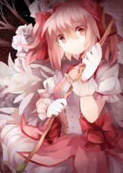 Rule 34 | 10s, 1girl, 2013, bad id, bad pixiv id, bow, dated, flower, gloves, hair bow, highres, kaname madoka, looking at viewer, magical girl, mahou shoujo madoka magica, mahou shoujo madoka magica (anime), pink eyes, pink hair, rose, short hair, shouen kigashi, smile, solo, twintails, white gloves, wings