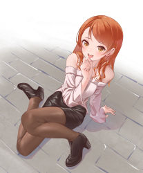 Rule 34 | 1girl, :d, absurdres, arm at side, bare shoulders, black footwear, black skirt, breasts, brown pantyhose, fingernails, from above, full body, hand on own chin, hand up, high heels, highres, hojo karen, idolmaster, idolmaster cinderella girls, knee up, long hair, long sleeves, looking at viewer, looking up, medium breasts, miniskirt, off-shoulder shirt, off shoulder, on ground, open mouth, orange hair, outdoors, pantyhose, pencil skirt, sett, shirt, shoes, sitting, skirt, sleeves past wrists, smile, solo, swept bangs, teeth, upper teeth only, viq, white background, white shirt, yellow eyes