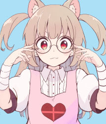 Rule 34 | 1girl, adjusting eyewear, animal ear fluff, animal ears, apron, bandaged arm, bandaged wrist, bandages, bespectacled, blue background, blush, cat ears, center frills, closed mouth, collared dress, commentary request, dress, frills, glasses, hands up, heart, heart print, light brown hair, long hair, looking at viewer, natori sana, pink apron, puffy short sleeves, puffy sleeves, red eyes, round eyewear, sana channel, short sleeves, simple background, smile, solo, two side up, upper body, v-shaped eyebrows, virtual youtuber, white dress, youasato