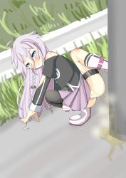 Rule 34 | 1girl, absurdres, all fours, blue eyes, censored, highres, leg up, no panties, outdoors, peeing, peeing like a dog, pink hair, public indecency, puddle, pussy, smile, solo, sonoyama yooku, telephone pole
