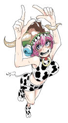 Rule 34 | 1girl, animal print, arms up, bouncing breasts, breasts, cow print, cow tail, grey eyes, helmet, jewelry, large breasts, necklace, one leg raised, original, pink hair, red cornea blue, ring, ring necklace, shorts, sweat, tail